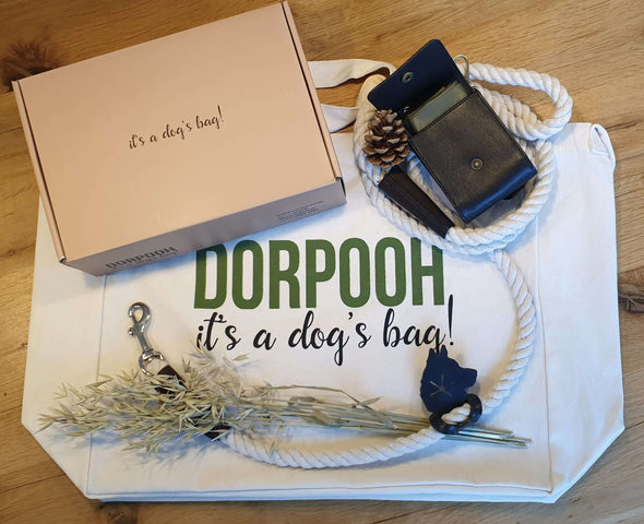 Dorpooh walk-box collection included 168 box of poopbag, leash holder, leather bag and cotton leash all provided in canvas tote
